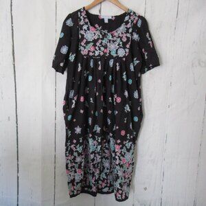 Only Necessities House Dress L 18 20 Black Floral Short Sleeve Mumu Pockets